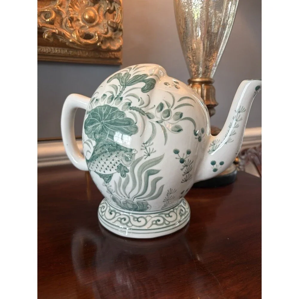 Vintage Wine Ewer Cadogan Puzzle Teapot Green and White Fish Chinoiserie Decor